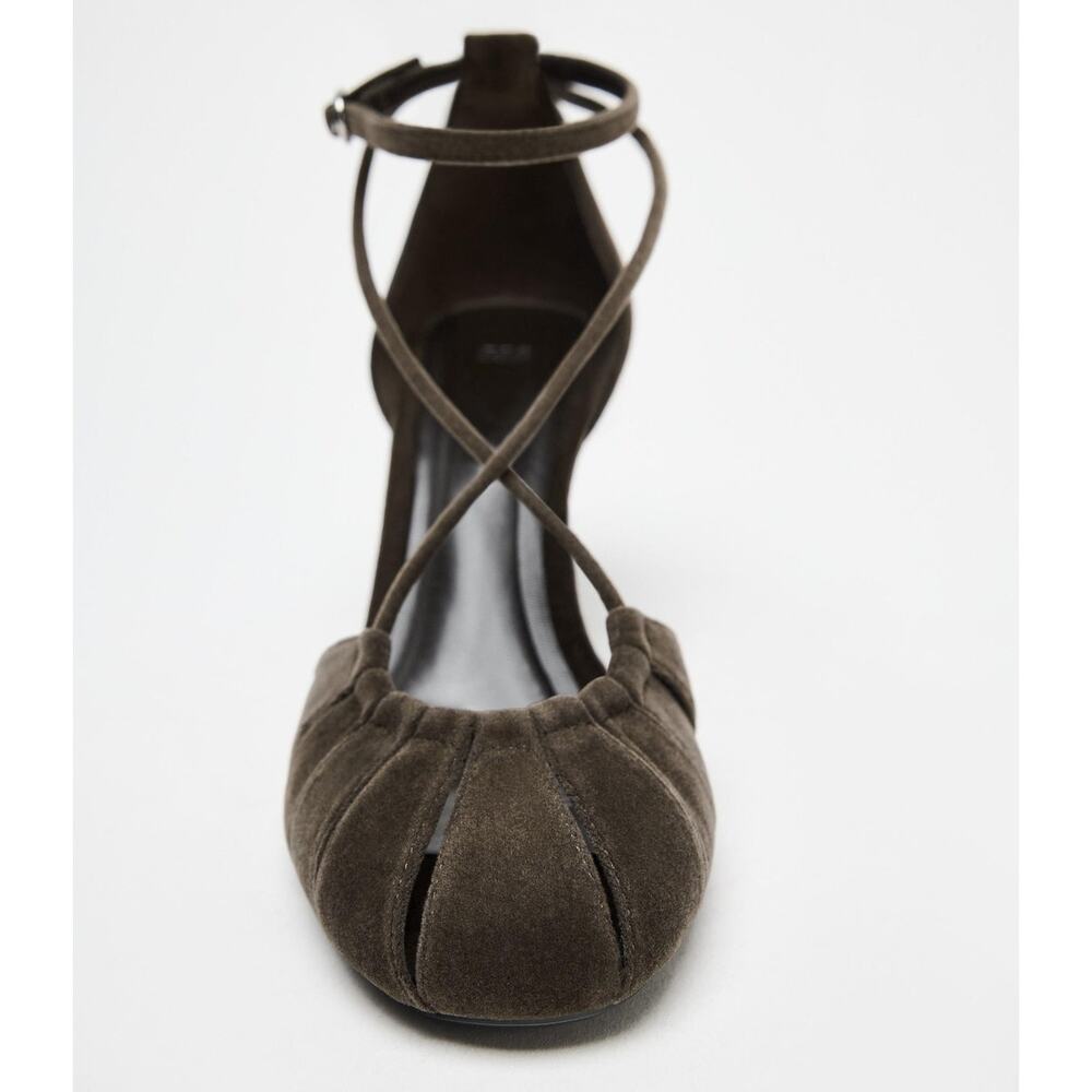 Zara NWT Brown Velvet Cross Strap Balletcore Heels 7.5 - Picture 14 of 16